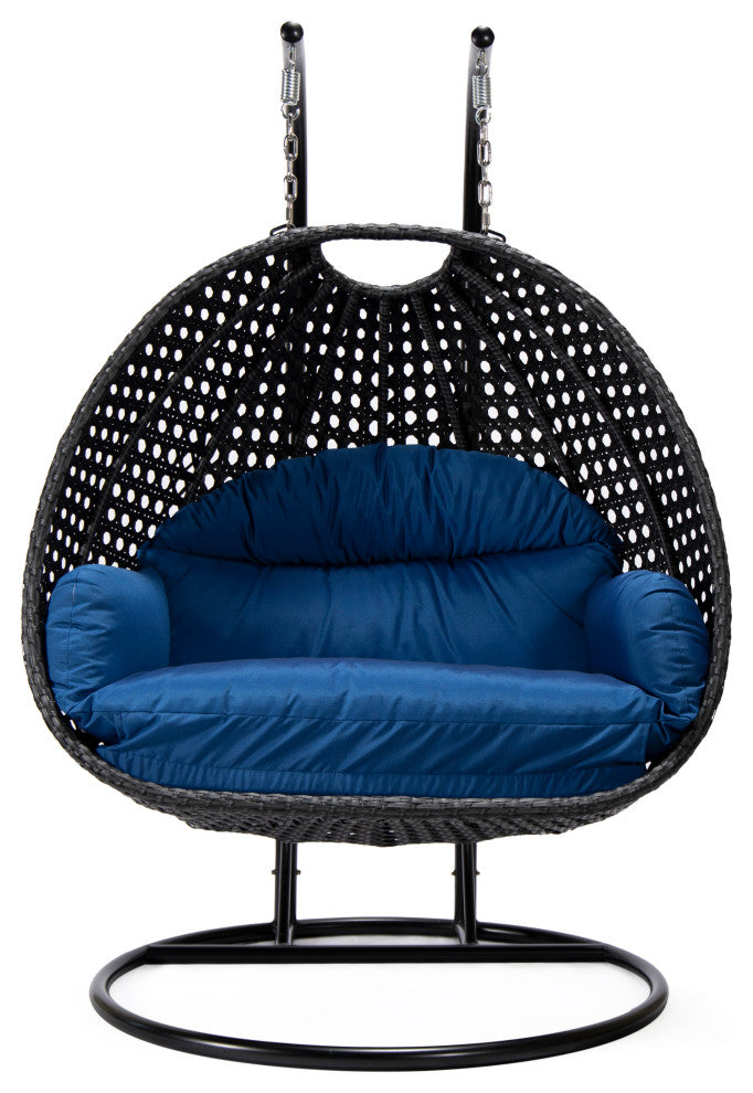 LeisureMod Mendoza Charcoal Wicker Hanging Double Egg Swing Chair, Blue