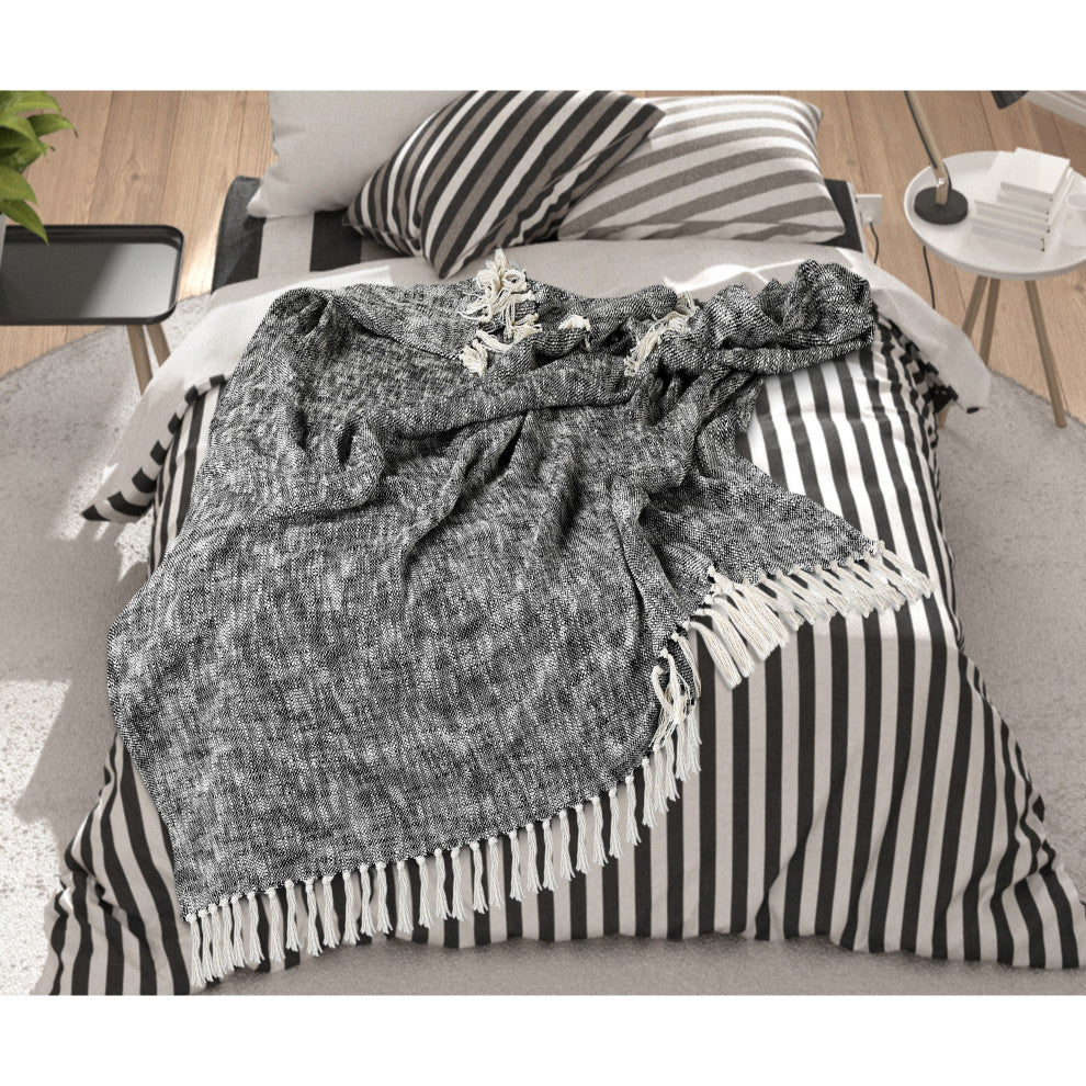 Boho Chambray Throw Blanket with Fringe, Jet Black