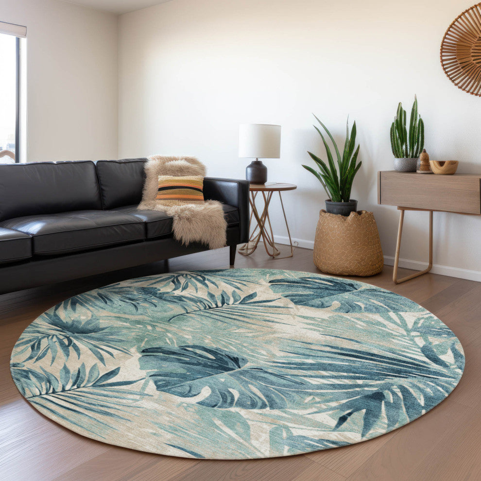 Machine Washable Indoor/Outdoor Chantille ACN1886 Teal 8' x 8' Round Rug