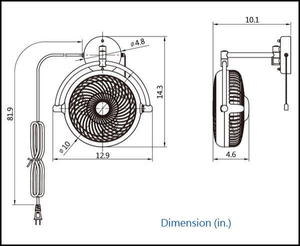 VIVI- 10 in. Walnut Wall Mount Swivel Fan with Folding Arm - U-00024