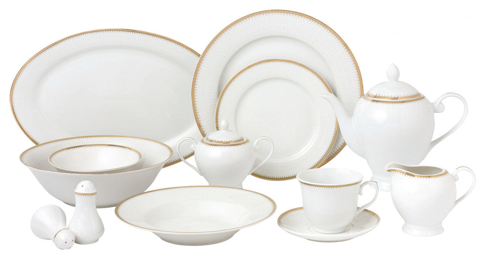 57 Piece Gold Border Porcelain Dinnerware Set-Service for 8-Georgette