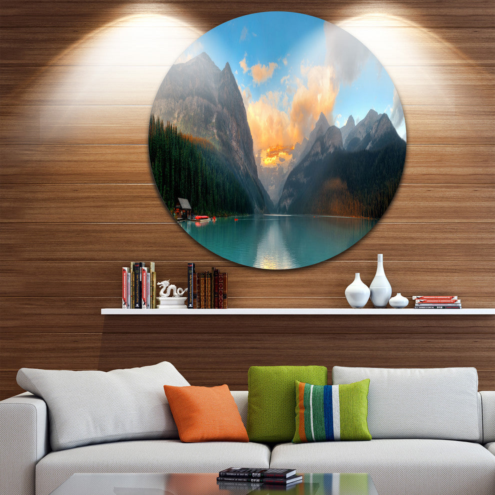 Lake Louise Sunrise Banff Park, Modern Seascape Disc Metal Artwork, 23"