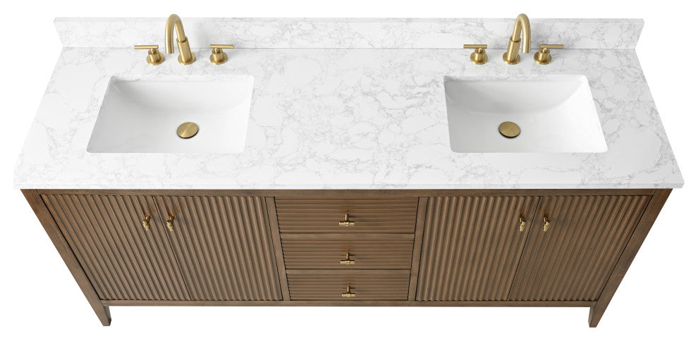 Vanity Art Freestanding Vanity, Walnut, 72", Double Sink, Golden Brushed