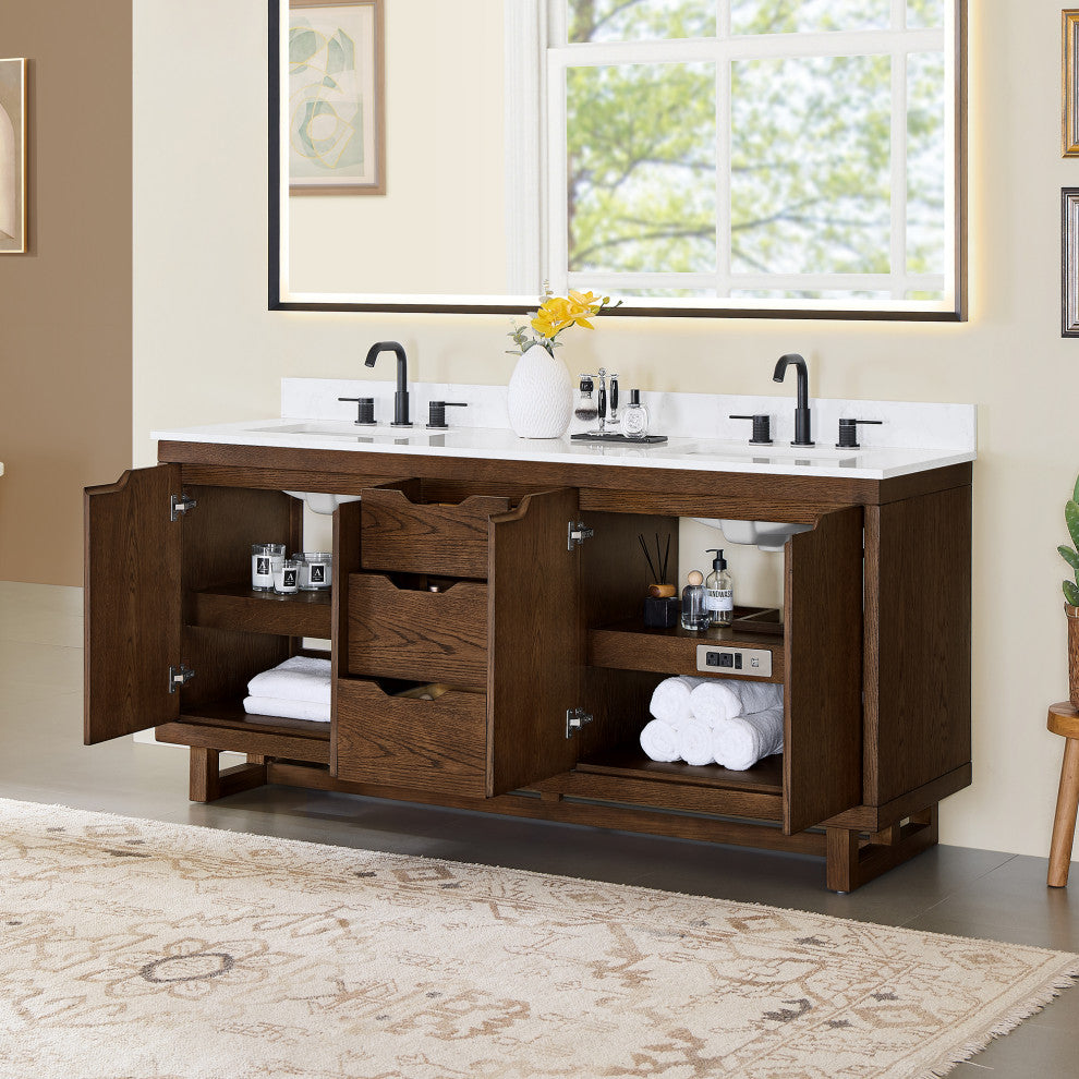Mowry Bathroom Vanity, Brown Brushed Oak, 72", No Mirror