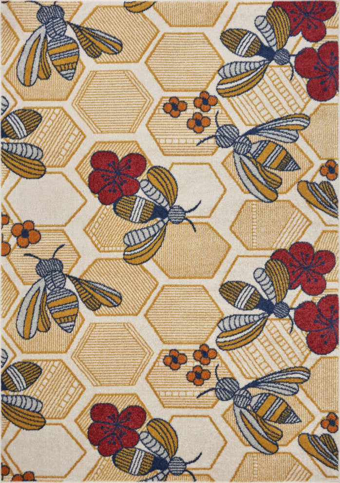 8" x 9" Gold and Ivory Bustling Bee Area Rug