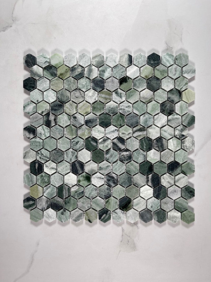 Sagano Vibrant Green Marble 1 inch Hexagon Mosaic Tile Honed, 1 sheet