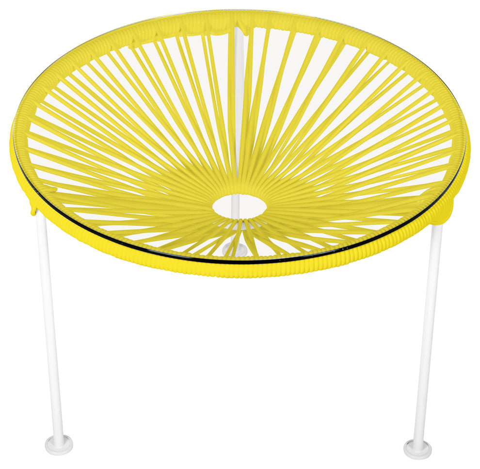 Zicatela Indoor/Outdoor Handmade Side Table, Yellow Weave, White Frame