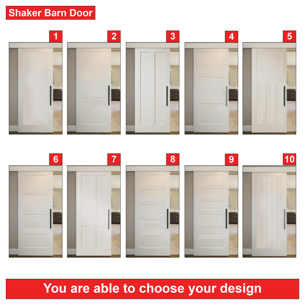 Shaker Wood Sliding Barn Door with 10 different panel designs, Primed White, 36"x84"