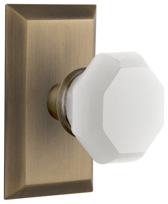 Studio Plate Double Dummy Waldorf White Milk Glass Knob, Antique Brass