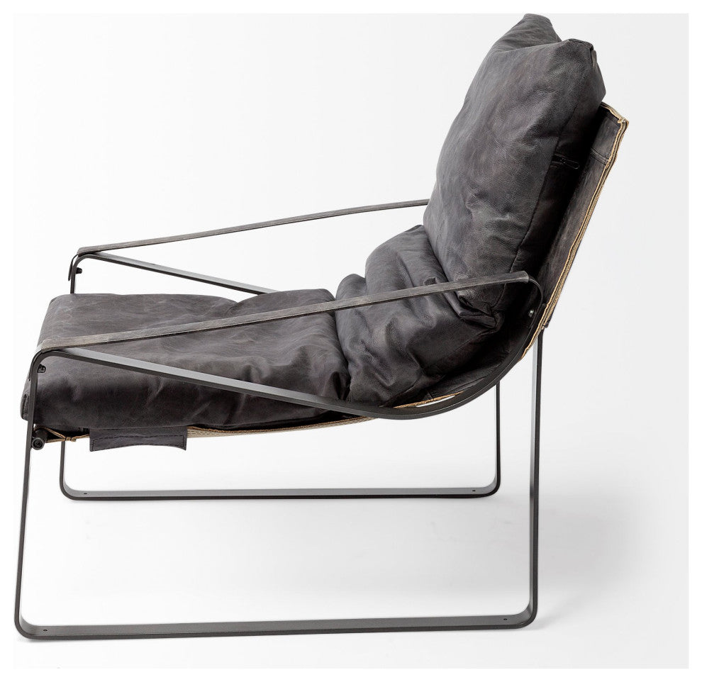35" Black Leather Distressed Arm Chair