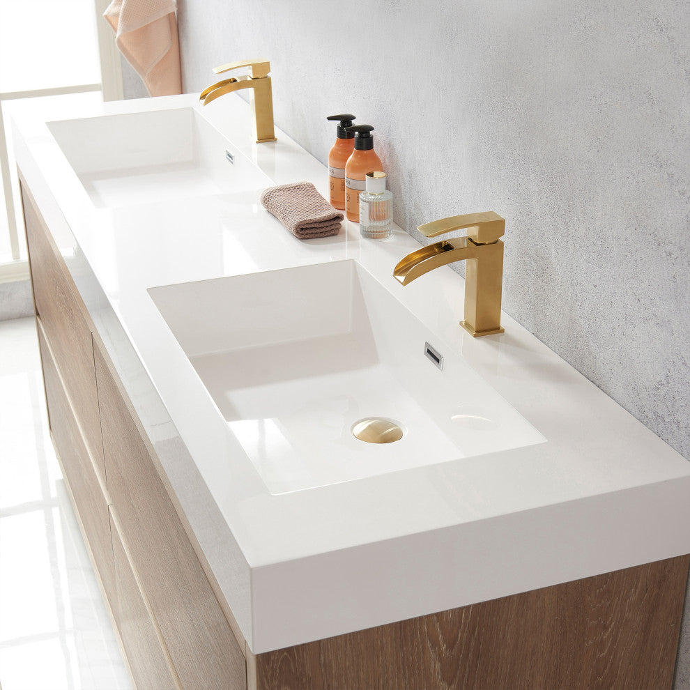 Huesca Bath Vanity, Integrated Sink Top, North American Oak, 72", Without Mirror