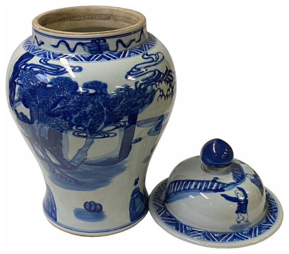 Chinese Blue White Porcelain People Scenery Graphic Temple Jar Hws1786