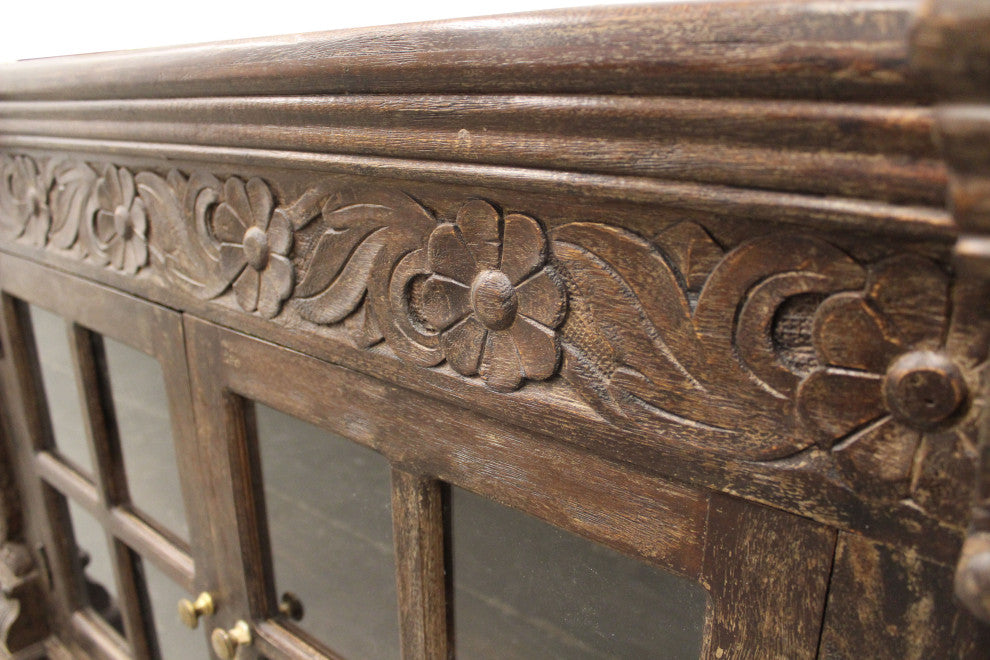 Euclidean 2-Door Hand-carved Solid Wood Sideboard with Glass Doors in Brown
