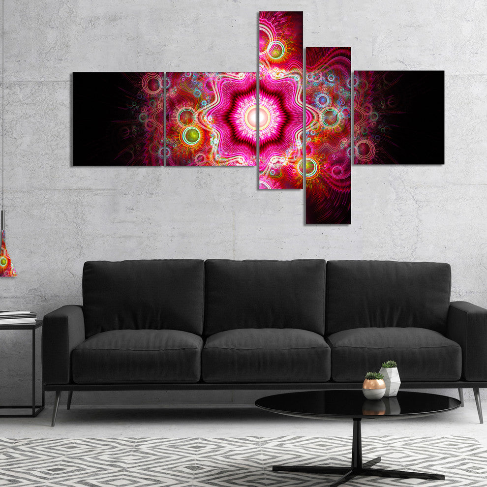 Bright Pink Fractal Flower, Abstract Wall Art Canvas, 60"x32", 5 panels
