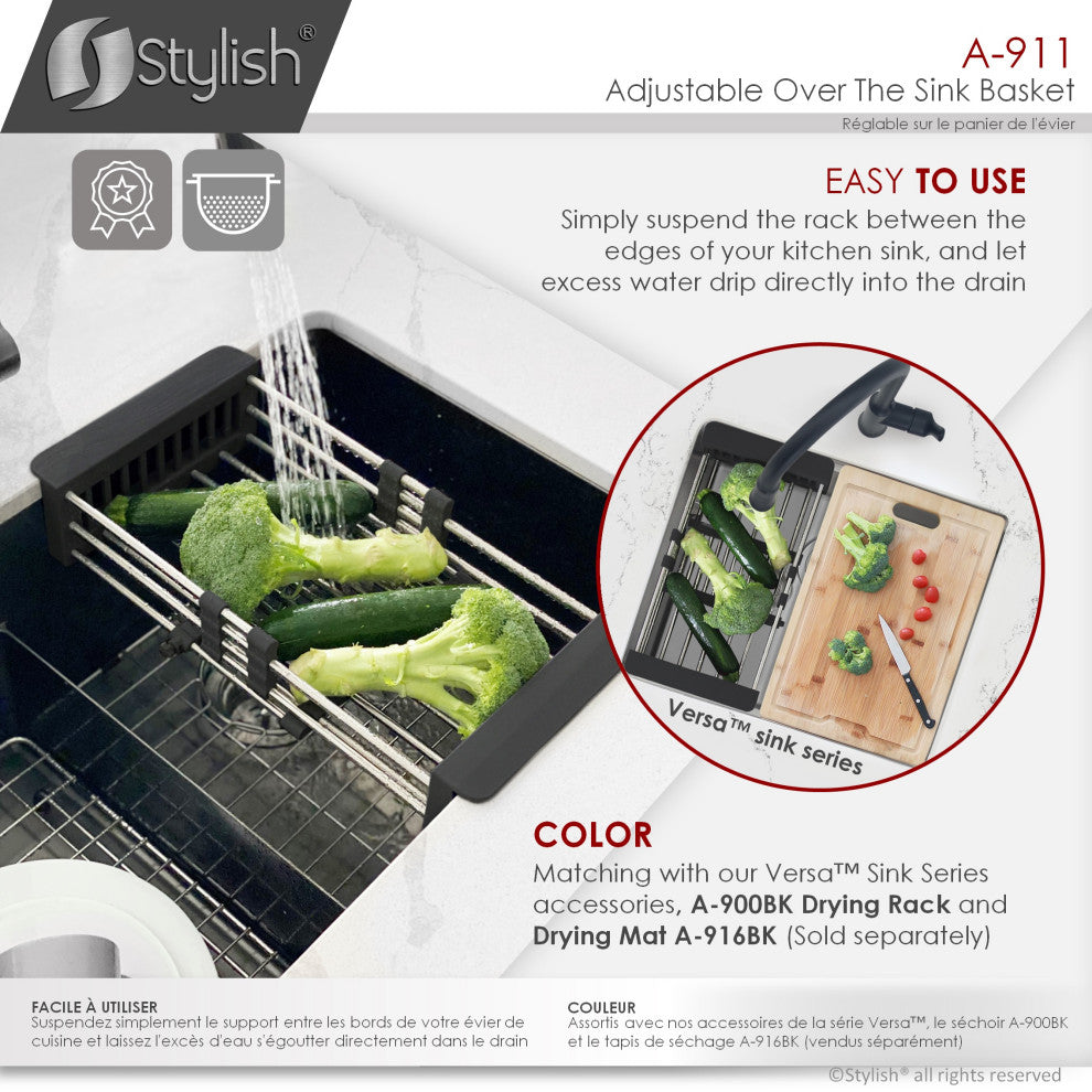 STYLISH Adjustable Over the Sink Stainless Steel Drainer Basket