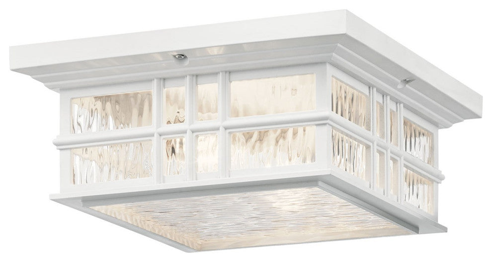 Beacon Square 2 Light Outdoor Ceiling Light in White with Clear Hammered Glass
