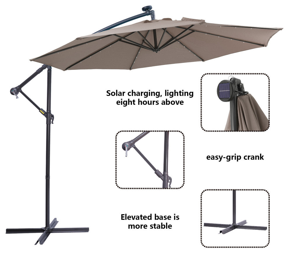10' Steel Patio Hanging Cantilever Umbrella With 32 Solar LED Lights, Brown