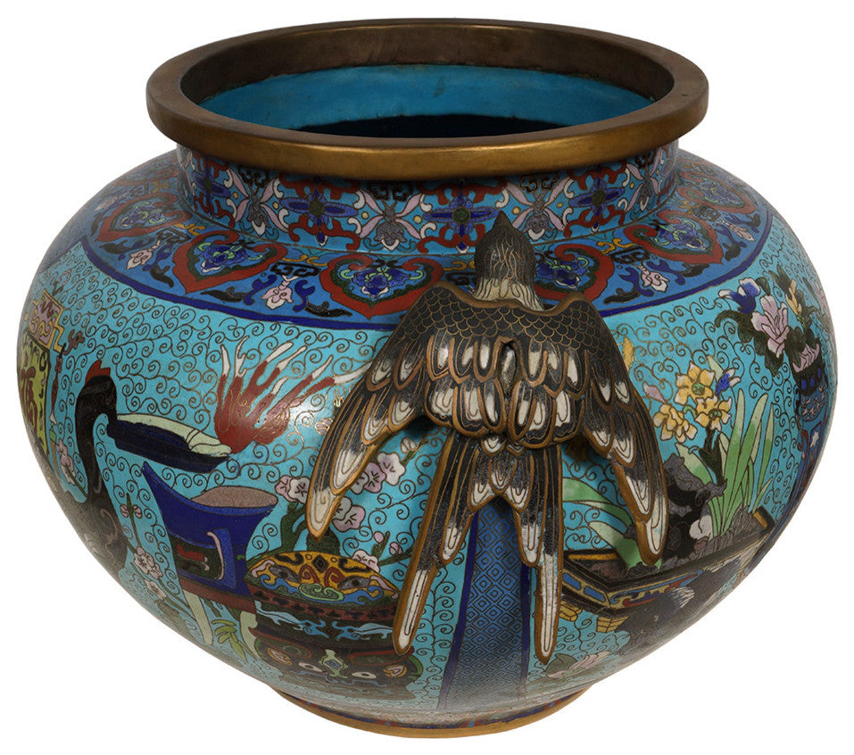 Consigned 21 inches wide Antique Chinese Large Cloisonne Pot