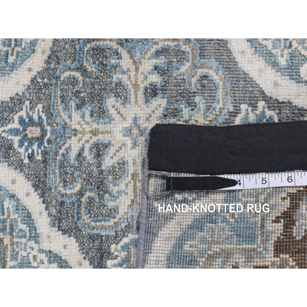 Gray Mughal Inspired Rosette Silk With Wool Hand Knotted Runner Rug 2'7"x9'10"