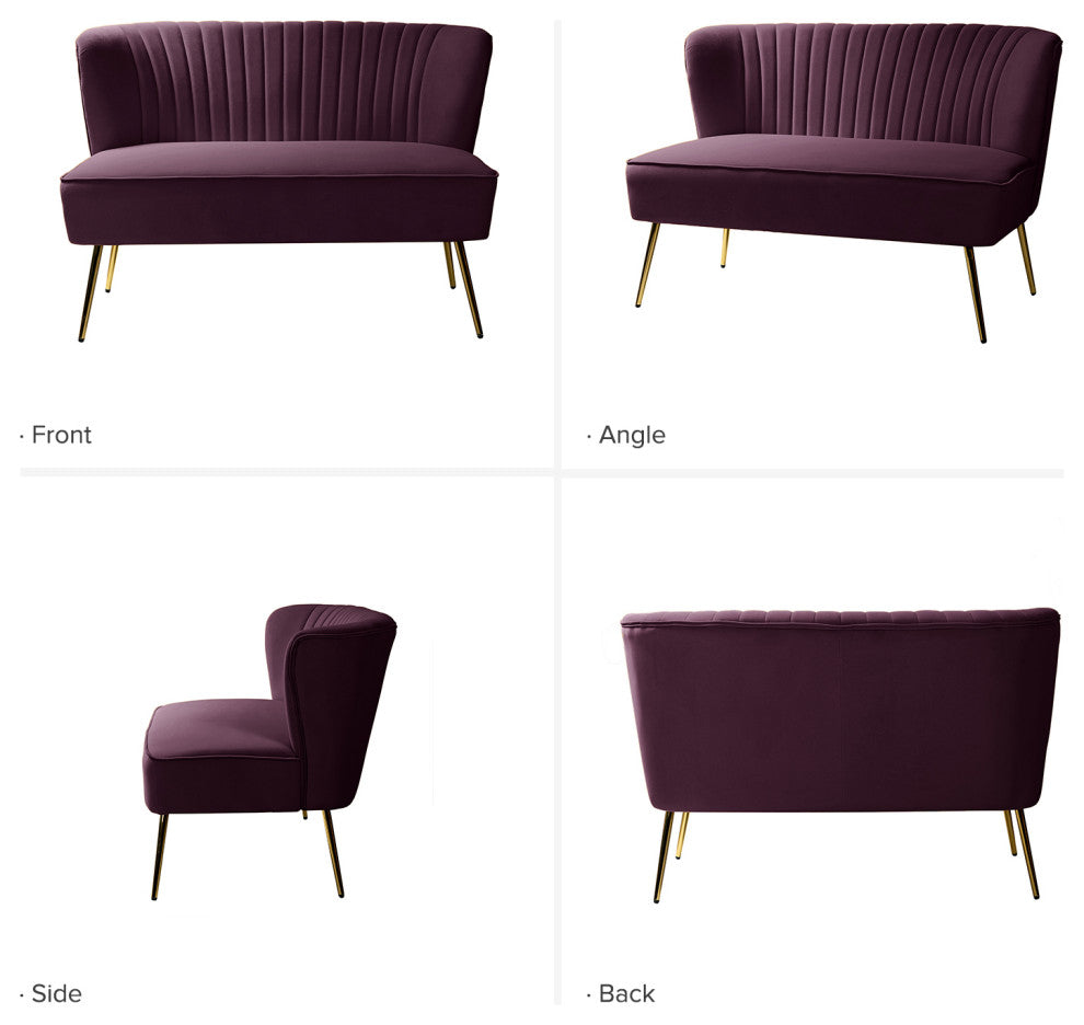 Velvet Tufted Loveseat Sofa With Golden Base, Purple