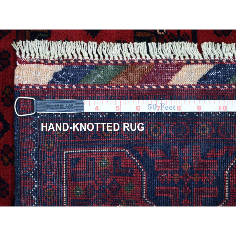 Deep and Saturated Red Shiny Wool Hand Knotted Afghan Khamyab Rug, 3'4"x4'10"