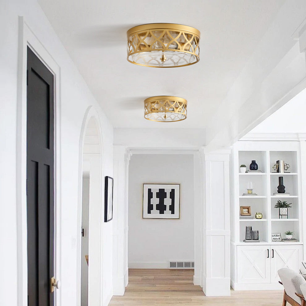 Modern Gold 2-Light Flush Mount Ceiling Light with Seeded Glass