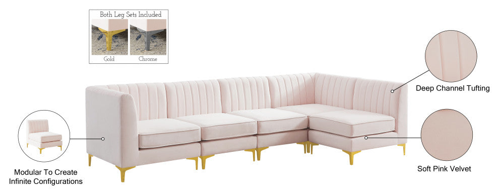 Alina Velvet Modular L-Shaped Modular Sectional, Pink, 5-Piece: 3 Armless Chair, 2 Corner Chair