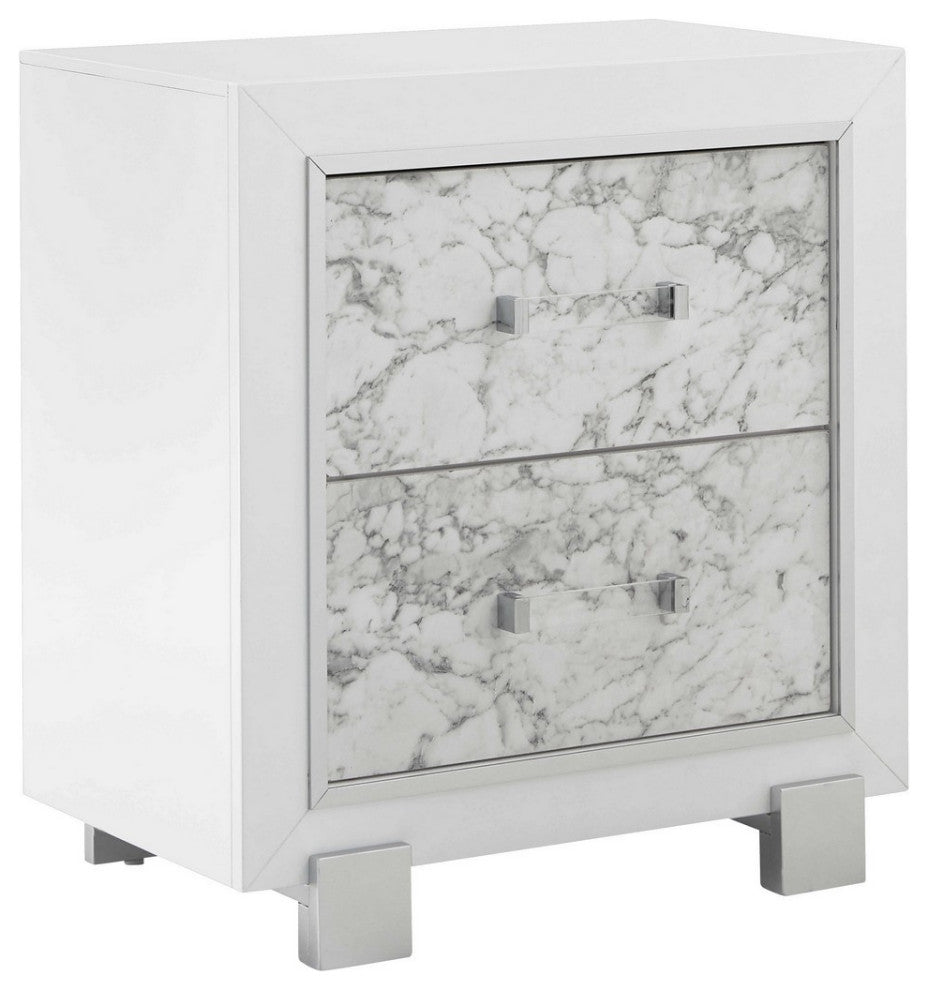 HomeRoots Modern White Nightstand With 2 Faux Marble Detailed Front Drawer.