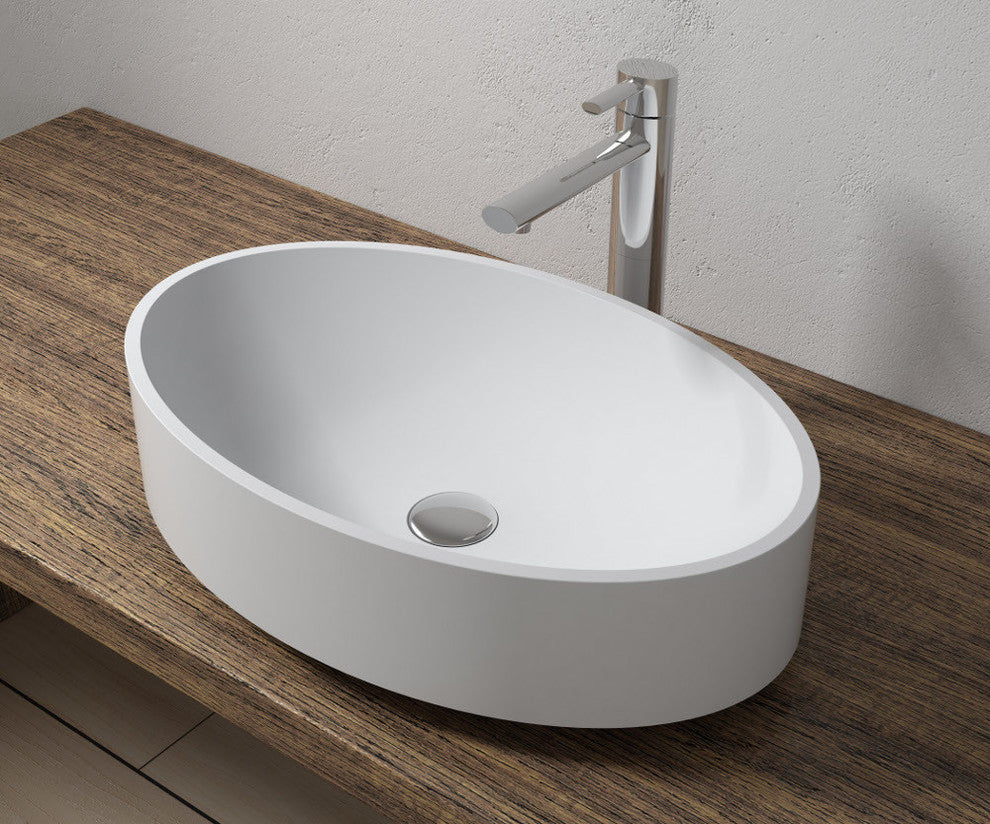 Polystone Oval Vessel Bathroom Sink, Matte White, No Faucet