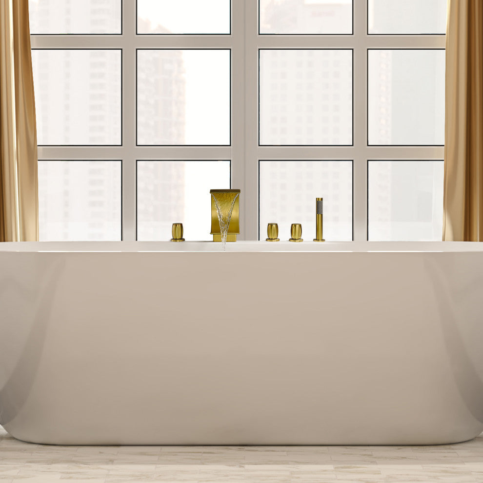 Recea Triple Handle Deck-Mount Roman Tub Faucet With Diverter and Handshower, Brushed Gold