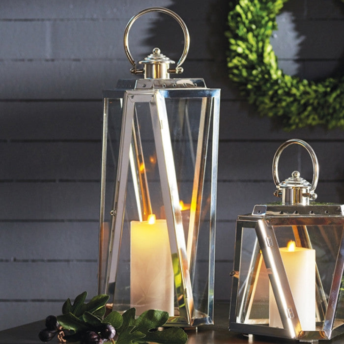 Elegant Tall Faceted Silver Nautical Candle Lantern Chrome Outdoor Safe Handle