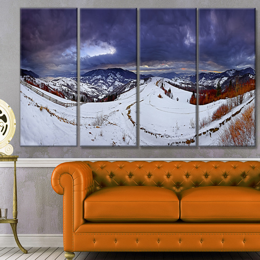 Frosty Day in Mountains Panorama, Landscape Canvas Art Print, 48"x28", 4 Panels