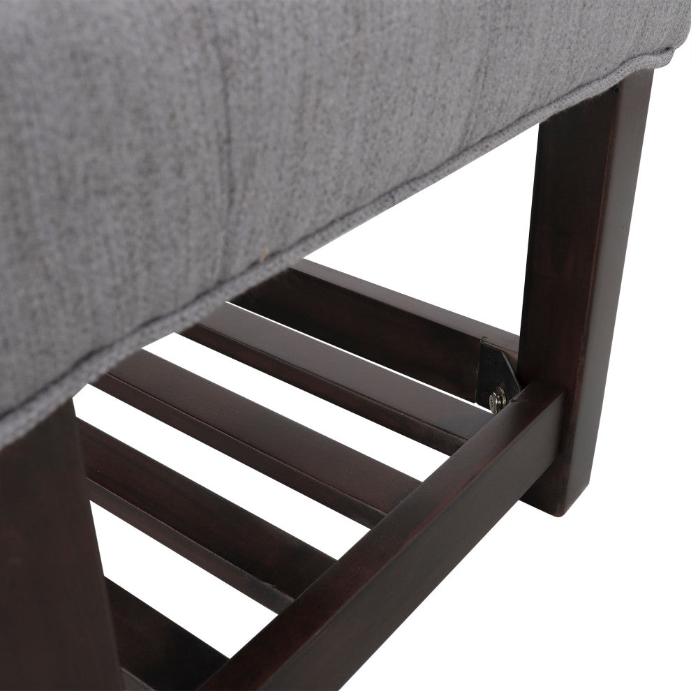 Pelon Contemporary Button Tufted Bench With Shelf, Gray/Dark Walnut