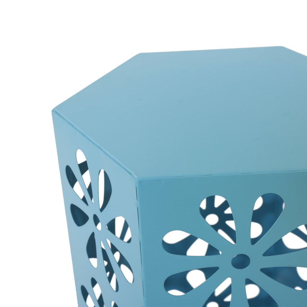 GDF Studio Girra Indoor 14" Iron Floral Side Table, Matte Blue