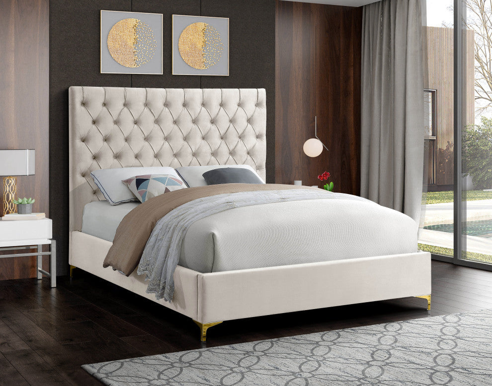 Cruz Velvet Upholstered Bed, Cream, Queen