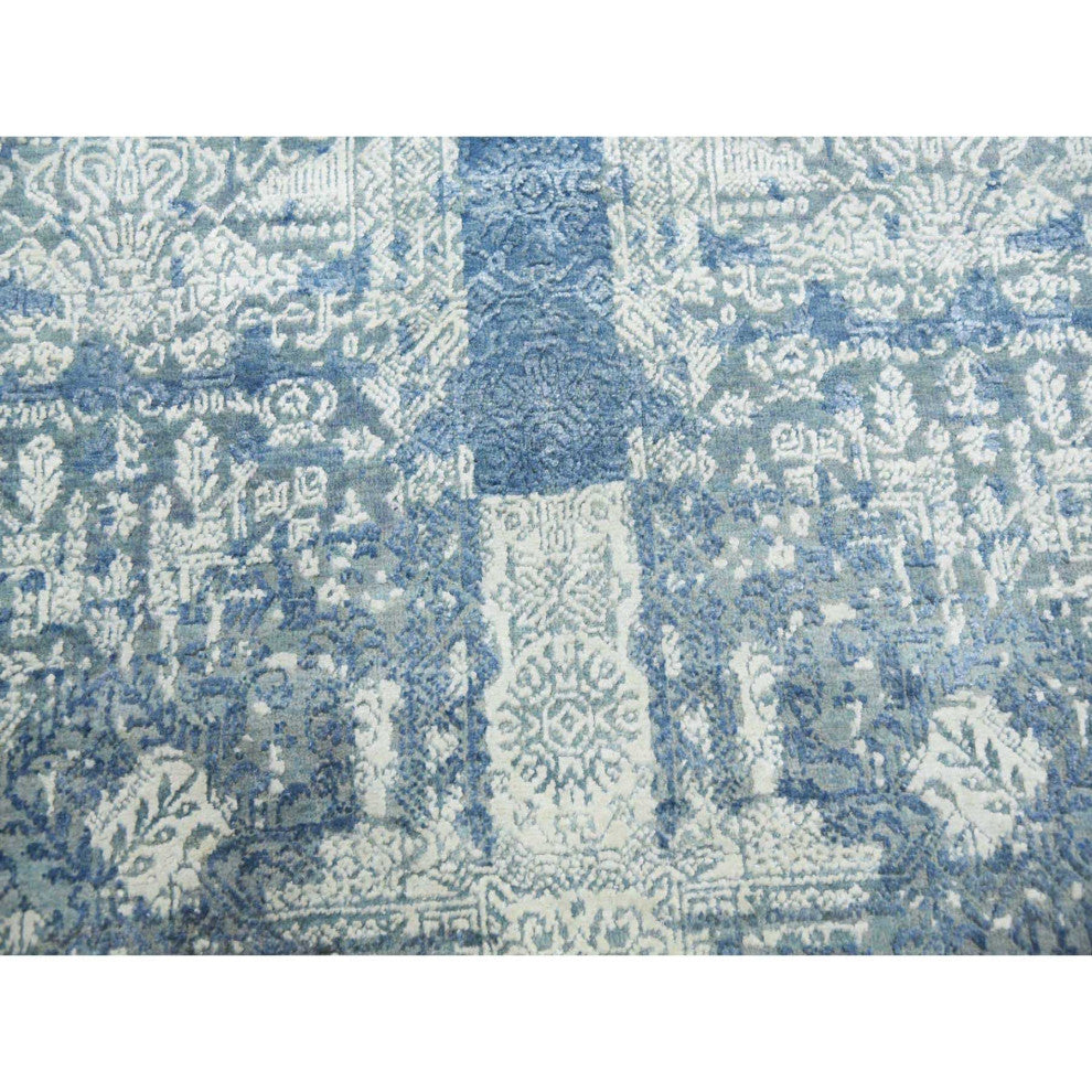 Blue Wool and Pure Silk Hand Knotted Jewellery Design Oriental Rug, 7'10"x10'0"