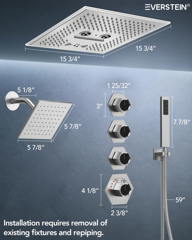 Music Shower System 16x6"Rainfall LED Shower Head With4 Way Thermostatic Faucet, Brushed Nickel