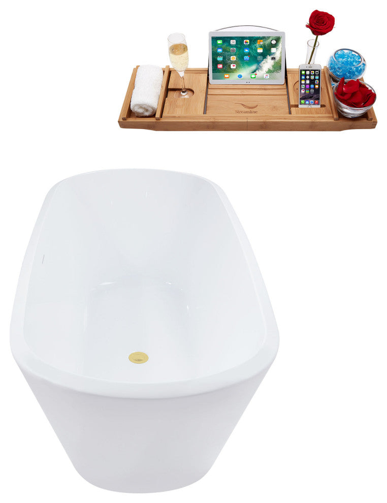 59" Streamline Bathtub and Tray With Drain, Polished Brass