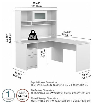 Cabot 60W L Shaped Computer Desk with Hutch in White - Engineered Wood
