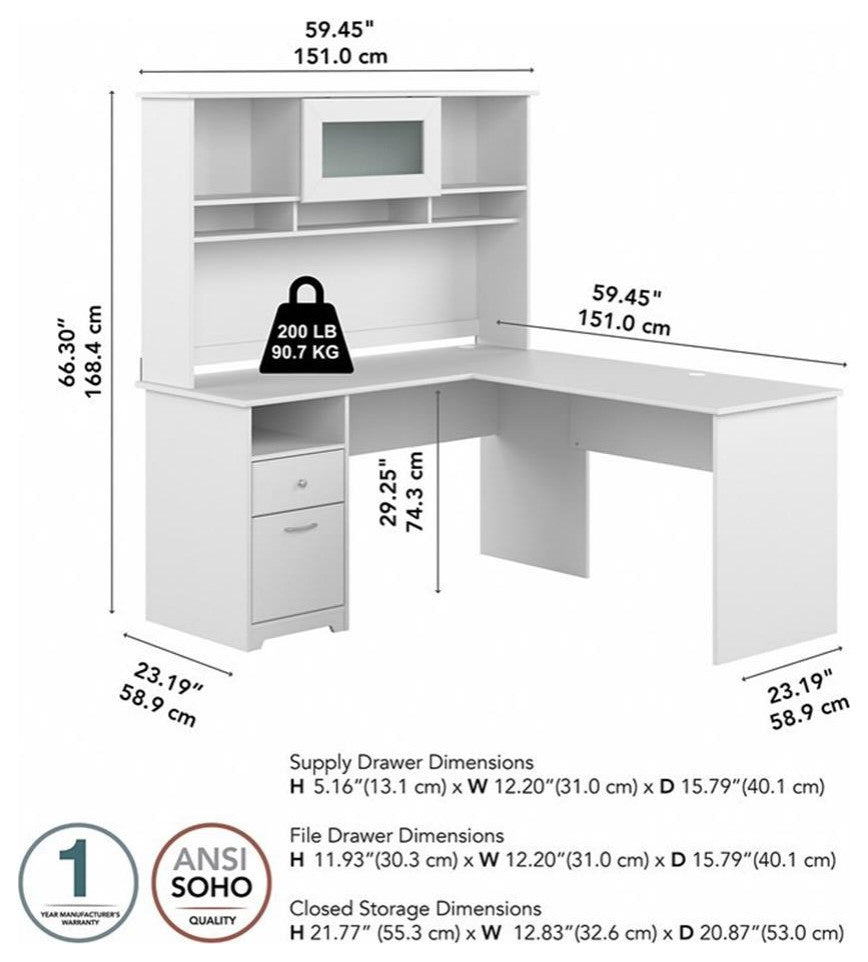 Cabot 60W L Shaped Computer Desk with Hutch in White - Engineered Wood