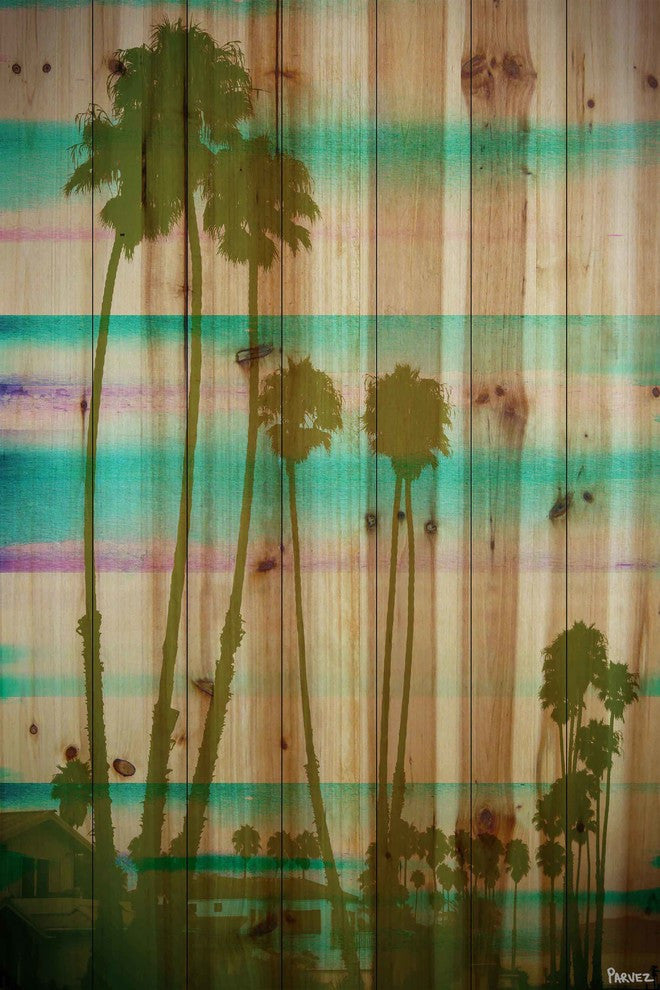 "Rainbow Through the Palms" Print on Natural Pine Wood, 24"x36"