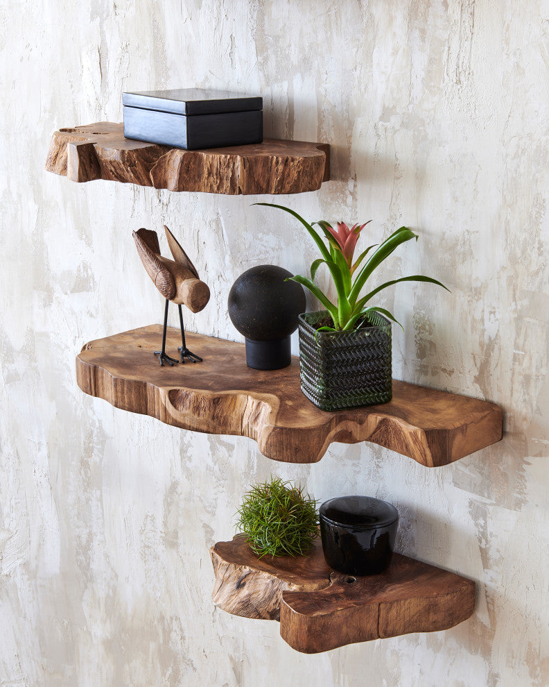 Takara Natural Teak Wood Live Edge Wall Shelf, 15.8x9.8x2in.