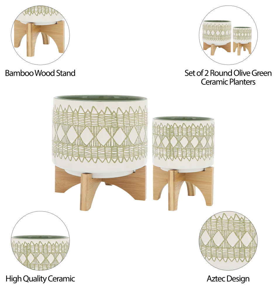 Ceramic 2-Piece Set, 5" and 8" Aztec Planter On Wooden Stand, Olive