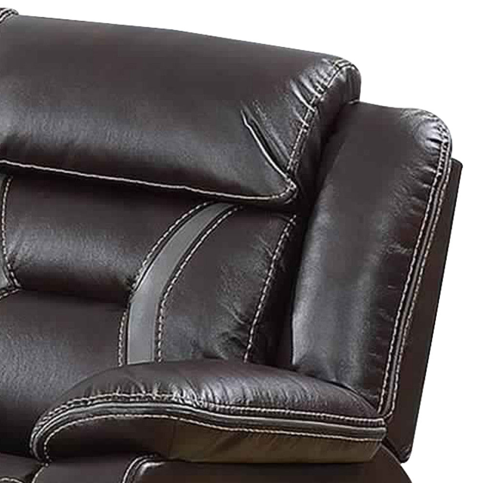 Benzara BM232636 Leather Power Motion Sofa With Contrast Stitching, Dark Brown