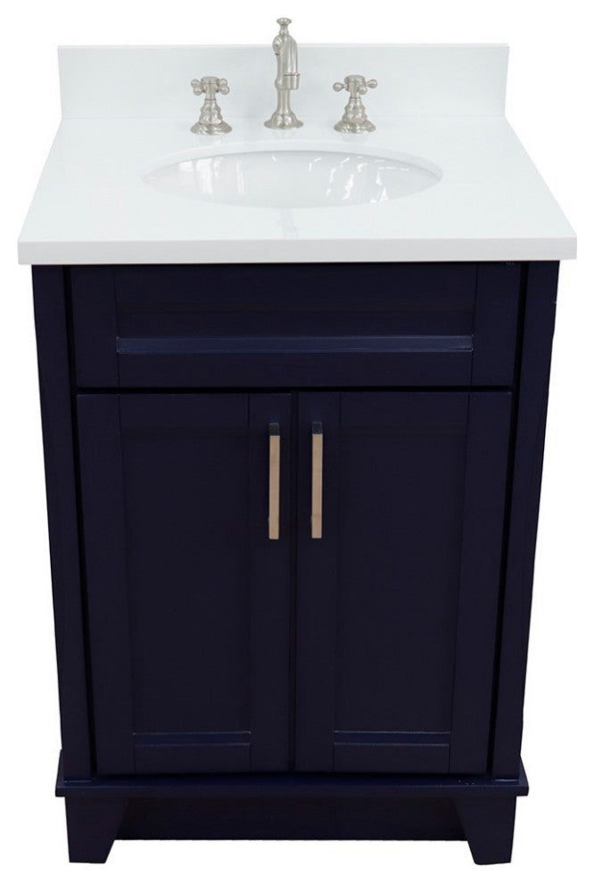25" Single Sink Vanity, Blue Finish With Engineered Stone Top And Oval Sink
