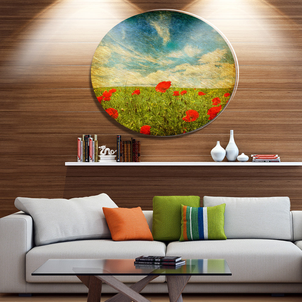 Sky Background With Red Poppies, Modern Floral Round Wall Art, 11"