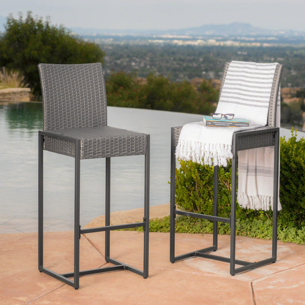 GDF Studio Conrad Outdoor Patio Gray Wicker Barstools, Set of 2