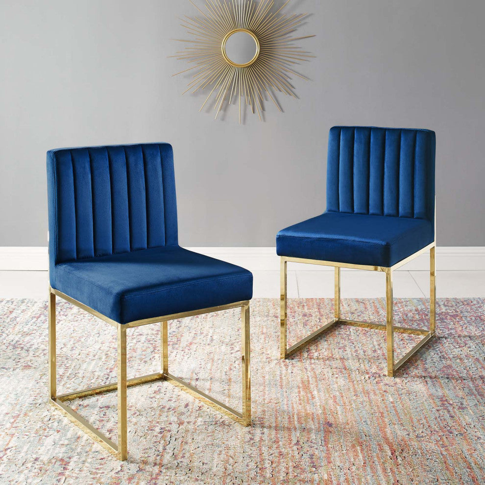 Side Dining Chair, Set of 2, Velvet, Metal, Gold Blue Navy, Modern, Cafe Bistro