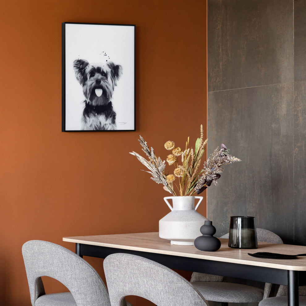 "Yorkshire Terrier" Black and White Pet Art on Printed Glass with Anodized Frame