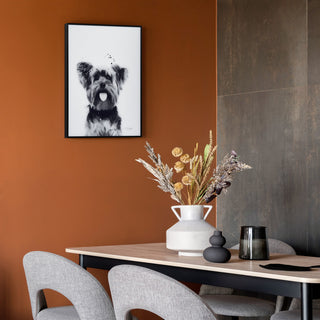 "Yorkshire Terrier" Black and White Pet Art on Printed Glass with Anodized Frame